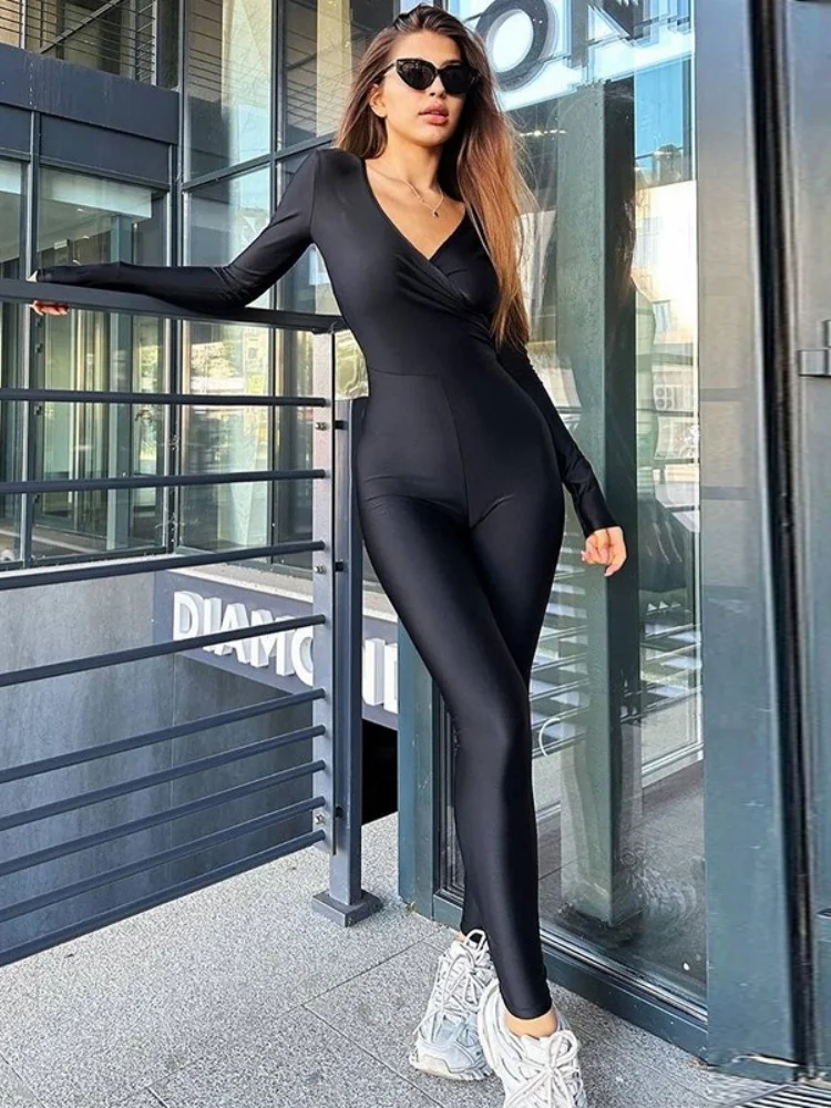 

Vneck Jump Suits For Women Clothes One Piece Outfit Long Sleeve Monos Mujer Elegante Bodycon Overalls Bodysuit Combinaison Femme