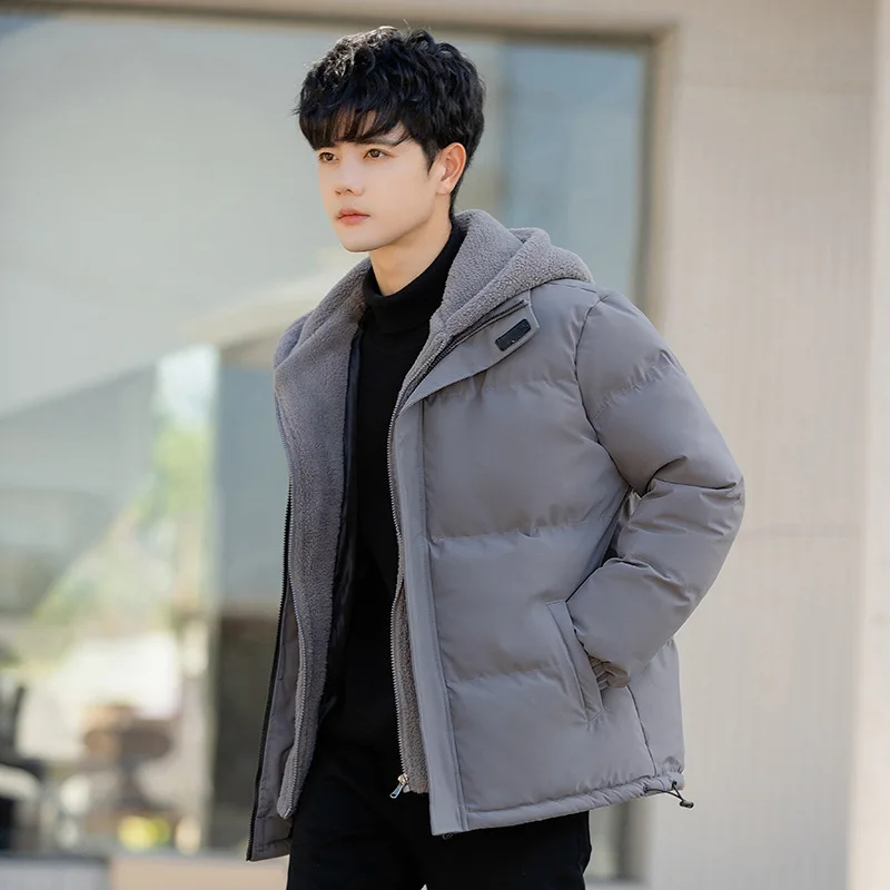 Winter Men's Fake Two Piece Hooded Cotton Coat Fashion Solid Color Oversized Loose Thickened Warm Polar Fleece Jacket