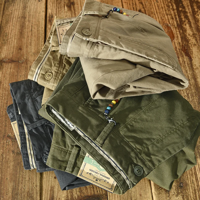 HIQOR Brand Spring Autumn Men Cotton Vintage Solid Color Cargo Pants Fashion Beading Design Streetwear Pant