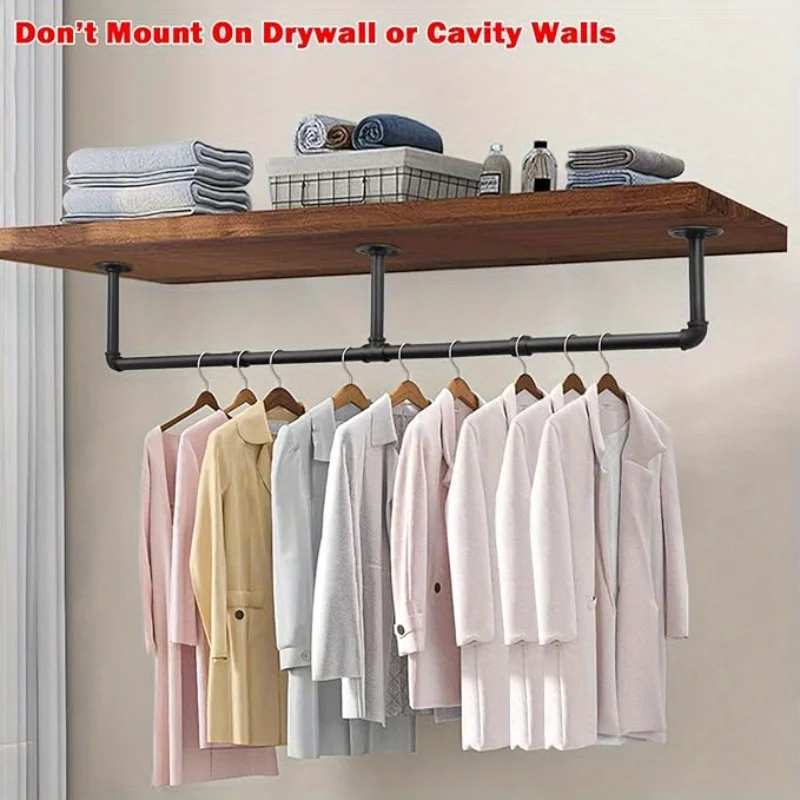 Industrial Pipe Clothes Rack with 3 Hooks, Wall Mounted Garment Rack, Heavy Duty Iron Garment Bar, Clothes Hanging Rod Bar for L