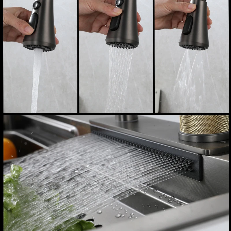 30 inch Single Bowl Trends Metal Grey Stainless Steel Kitchen Sink With Rainfall Faucet & Pull Lefton