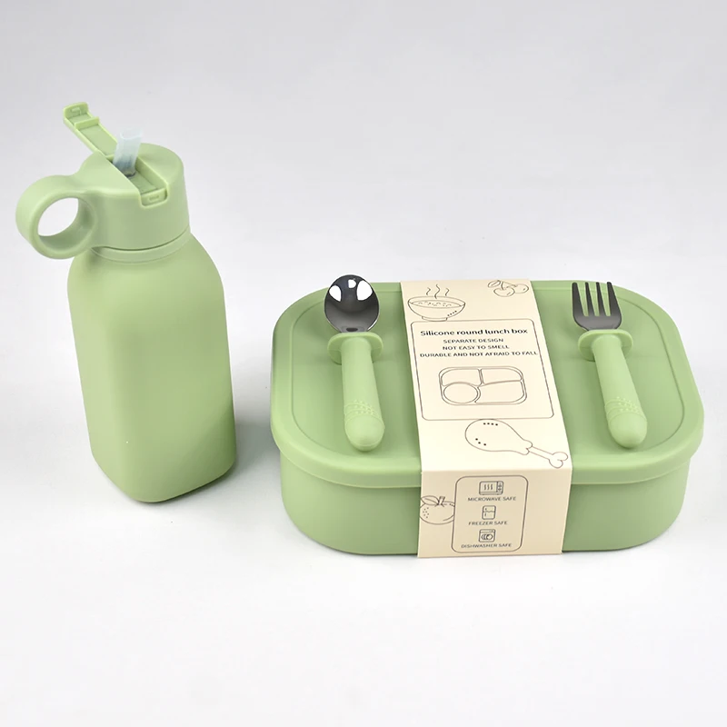 4PC/Set Silicone Bento Box Straw Water Bottle Leak-Proof Lunch Container Fork Spoon With Packaging Card BPA-Free Dishwasher Safe