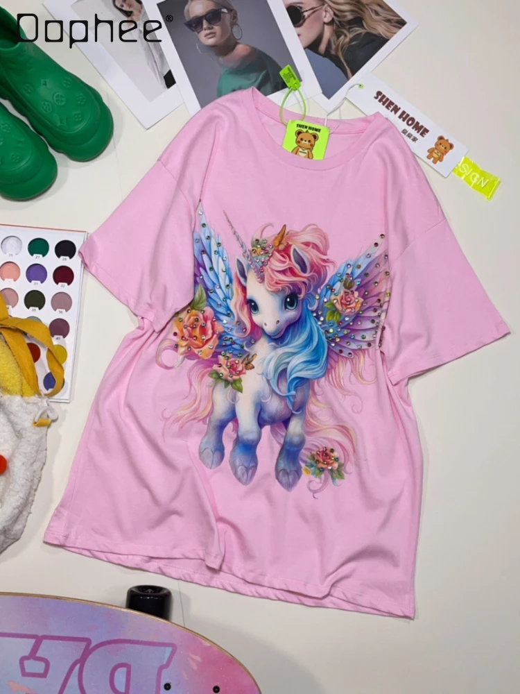 

Fashion Unicorn Beaded Printed Casual Short-Sleeved T-shirt Women 2024 Spring and Summer New Crew Neck Cotton Cartoon Top Female