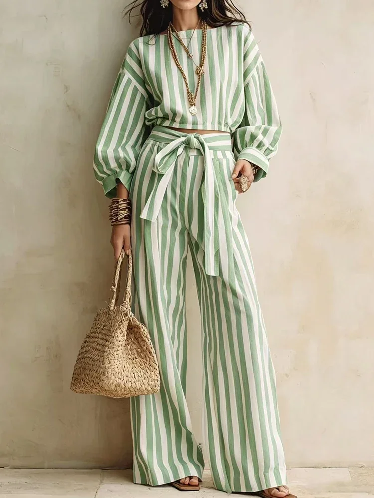 Casual Long Sleeved Loose 2Pc Suit Elegant O-neck Button Shirts & Lace-Up Pant Outfits Fashion Striped Print Wide Leg Pant Sets
