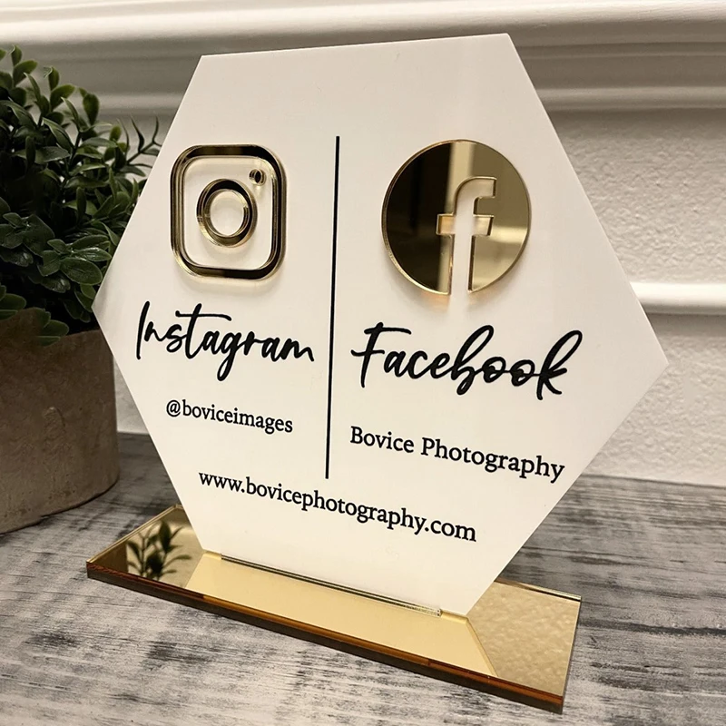 

Custom Business Acrylic Signs Hexagon Social Media QR Code Sign Beauty Studio Scan to Pay Instagram FB Scanning QR Code Plates