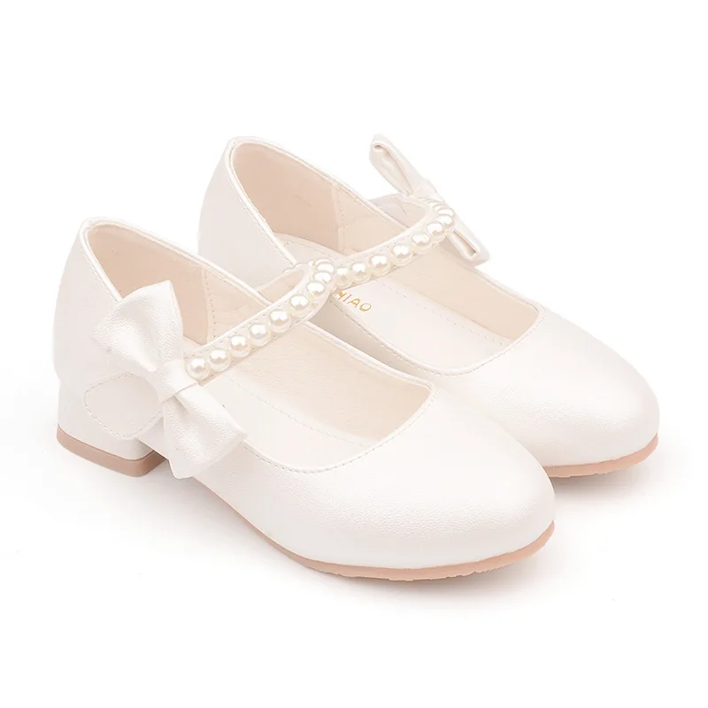 White Bow Spring and Autumn Girls High Heel Princess Shoes Pearl Tide Pumps girls high heel shoes