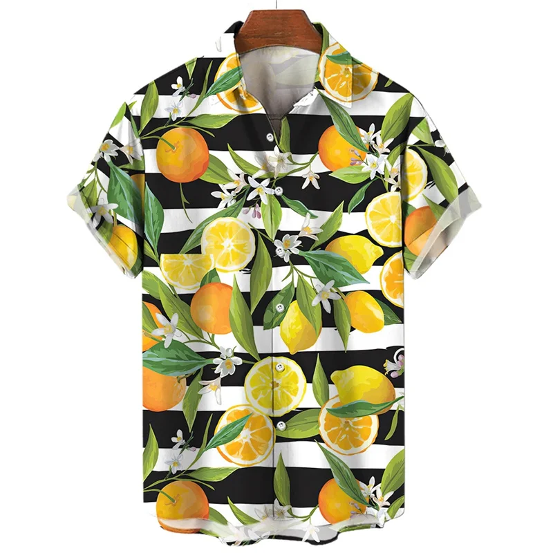 thumbnail image 1 of Camisa hawaiana con estampado de frutas y plátanos para hombre, camisas hawaianas con estampado 3D de limón y naranja, blusas casuales de calle con solapa, blusa holgada de manga corta, 1 of 5
