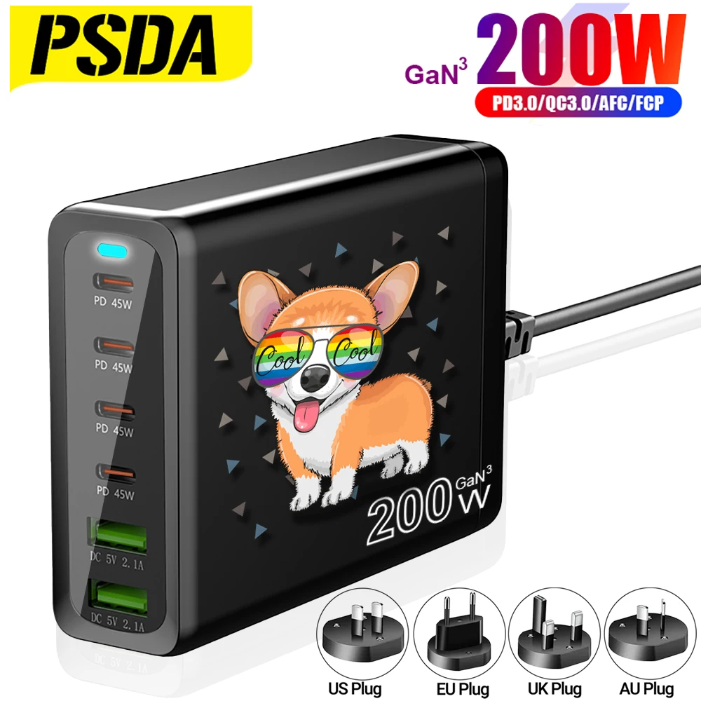 

PSDA 3D UV 200W GaN 6 Ports USB C Power Adapter PD 45W Fast Charger Type-C Charging Station for MacBook iPad iPhone 14 Samsung