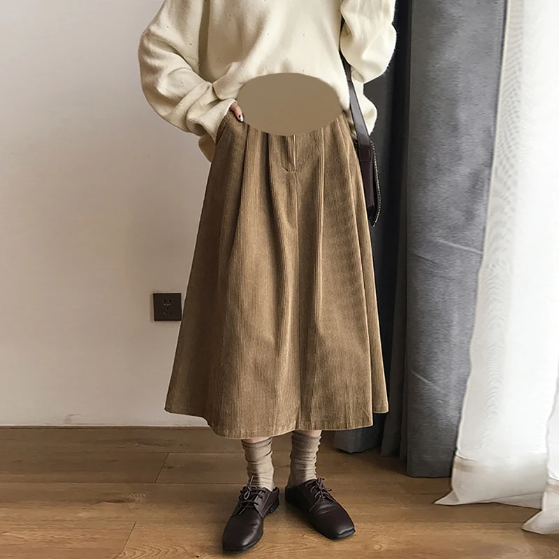 

Pregnant Women's Abdomen Skirt Long Loose High Waist Maternity A-Line Corduroy Skirts With Pockets Long Loose Pregnancy Clothes