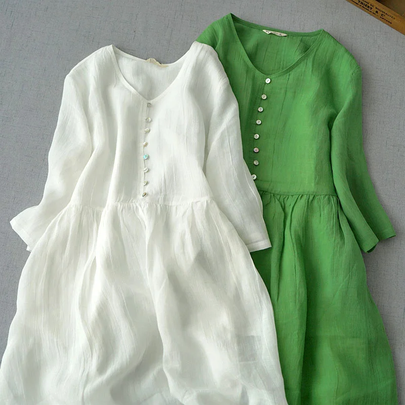 

Spring and summer literary and artistic women's ramie three-quarter sleeve dress, pure color, light and thin V-neck, A-line