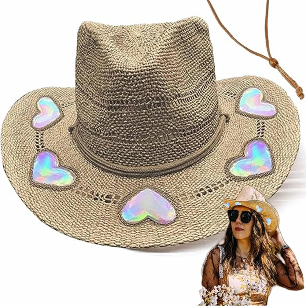 Straw Beach Sun Hat for Women Shapeable Cowgirl Hat Vintage Summer Woven Sun Hat for Music Festival Party Beach