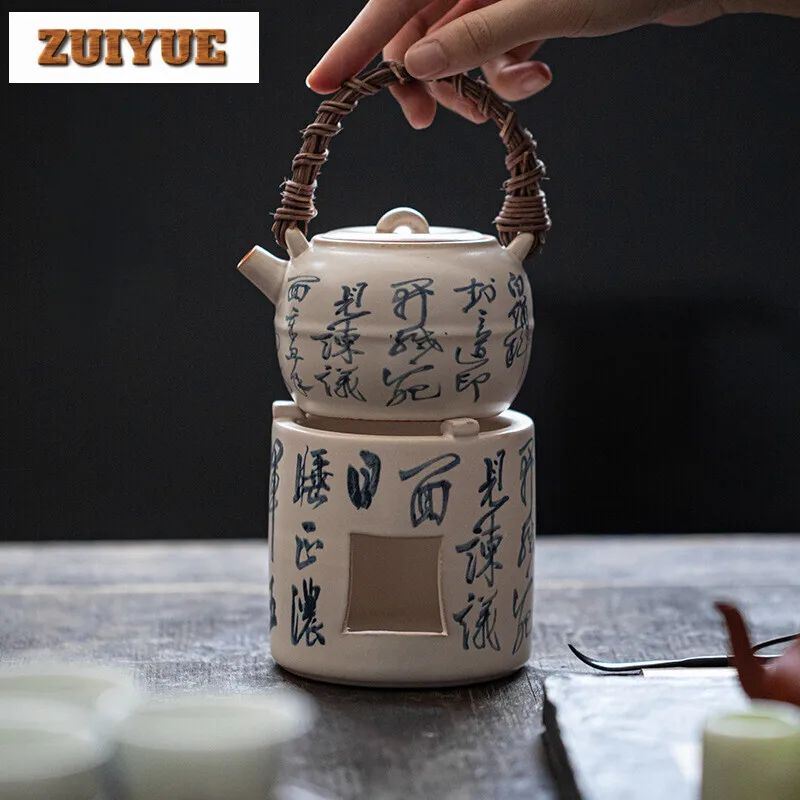 Soda White Alcohol Candle Warm Maker Set Household Handpainted Poetry Teapot Warmer Boutique Tea Stove Kettle Stand Tea Ornament