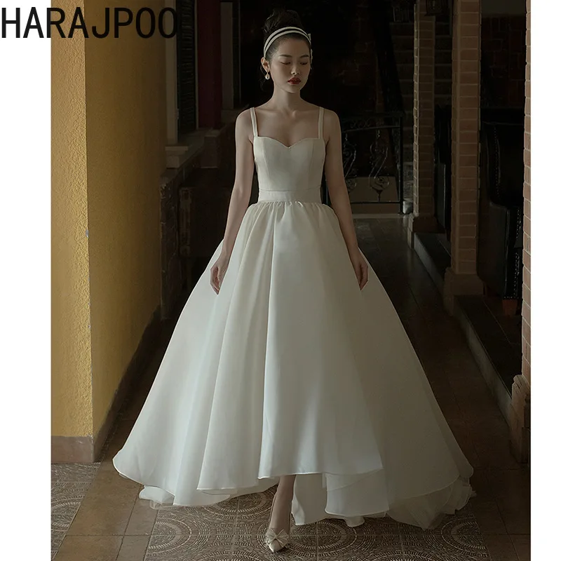 

Harajpoo French Hepburn Style Light Wedding Dress Fairy Dreamy Forest Style Suspender Elegant Texture Simple Satin Retro Vestido