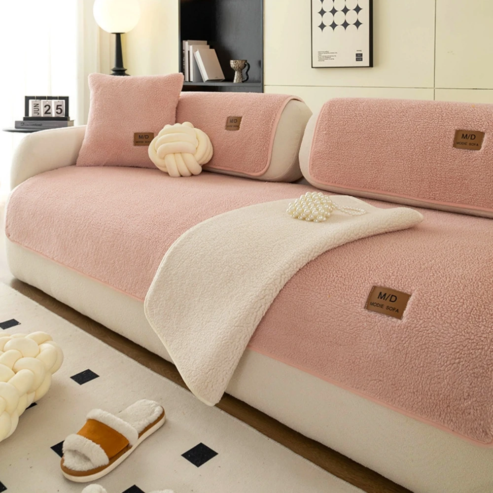 Solid Sherpa Anti-Slip Sofa Cover with PU label Decor for Living Room Coush Seat Cover, Universal Sofa Slipcover Furniture Towel 6