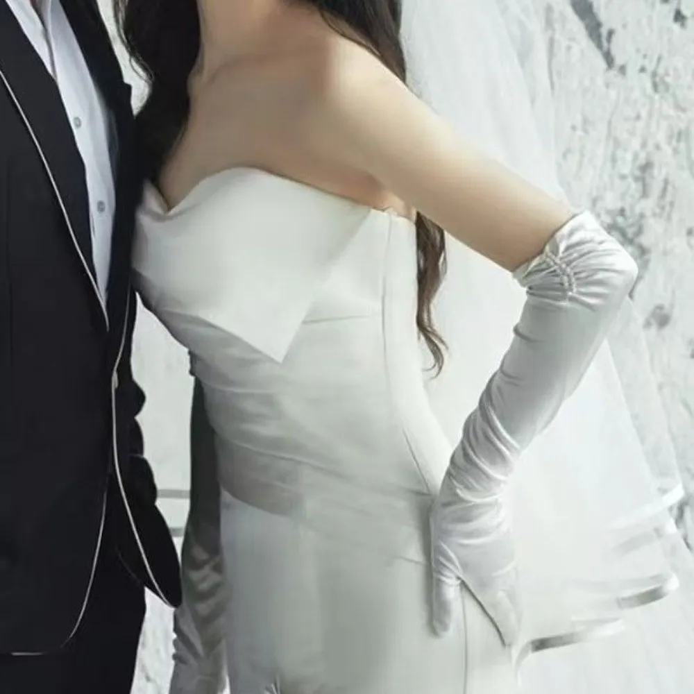 사진 촬영용 우아한 비즈 장식 신부 장갑 풀핑거 화이트 웨딩 장갑 블랙 롱 새틴 장갑 웨딩