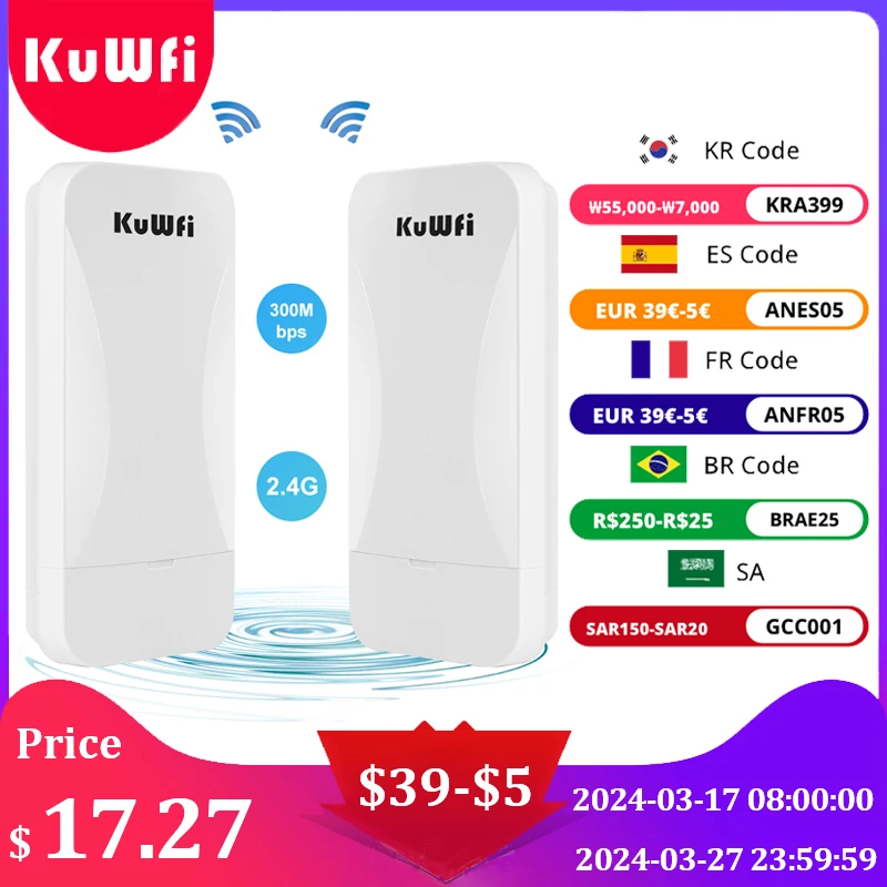 

KuWFi Powerful Wifi Repeater 300Mbps Long Range WifiRouters Wireless Bridge 2.4Ghz Wifi Coverage Point to Point 1KM for Camera