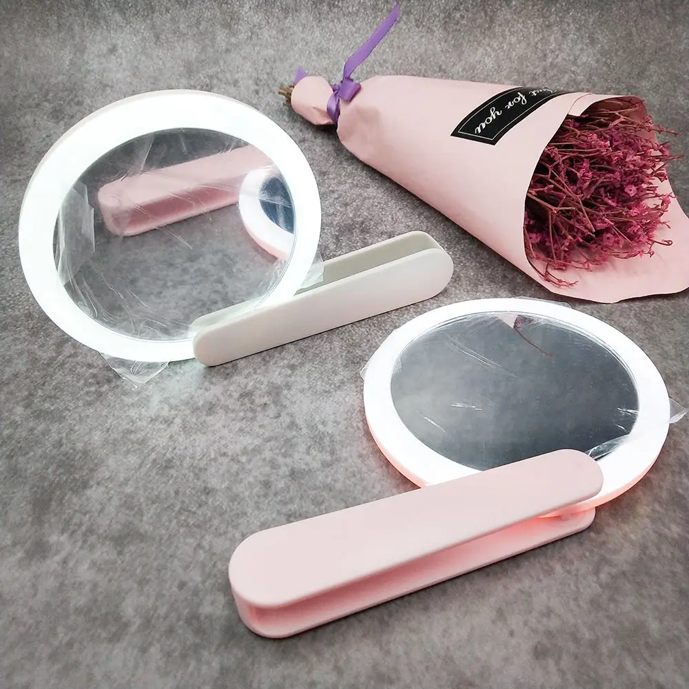 LED 로터리 스위치 메이크업 거울, 여성 핑크 화이트 USB 충전 귀여운 편리한 휴대용 럭셔리 라운드 개인 상표