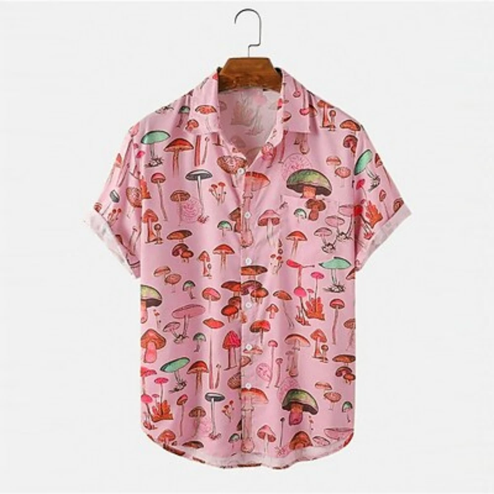 2022 Summer Men\'s Short-sleeved Hawaiian Shirt Casual Lapel Colorful Element Mushroom Pattern 3D Print Button Trend Summer