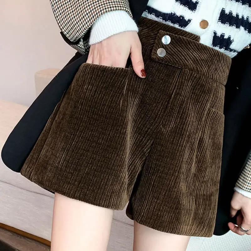 Women's Clothing Solid Straight Autumn Winter Thin Fashion Femme Buttons Wide Leg Pants Casual 2023 New Casual Pocket Shorts