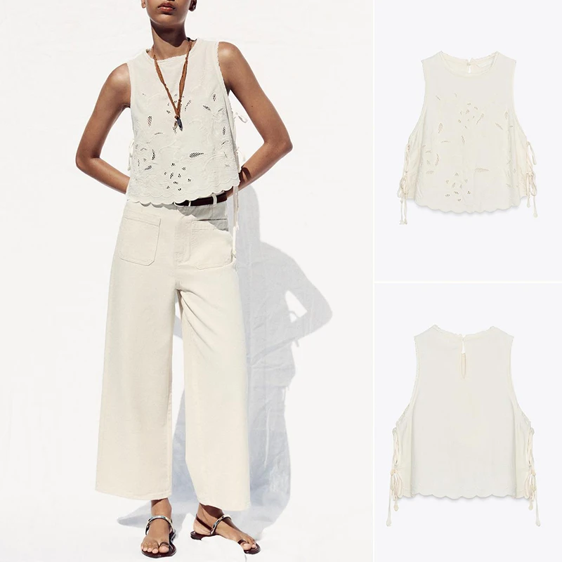 Summer New Women's Embroidered Lace  Knot round Ne Svel Top Commute Sle Loose Fit  Color Polyester Fiber