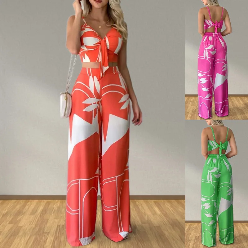 Women's new summer sexy strapless lace-up loose wide leg pants printed suit  fashion leisure beach holiday ladies summer suit