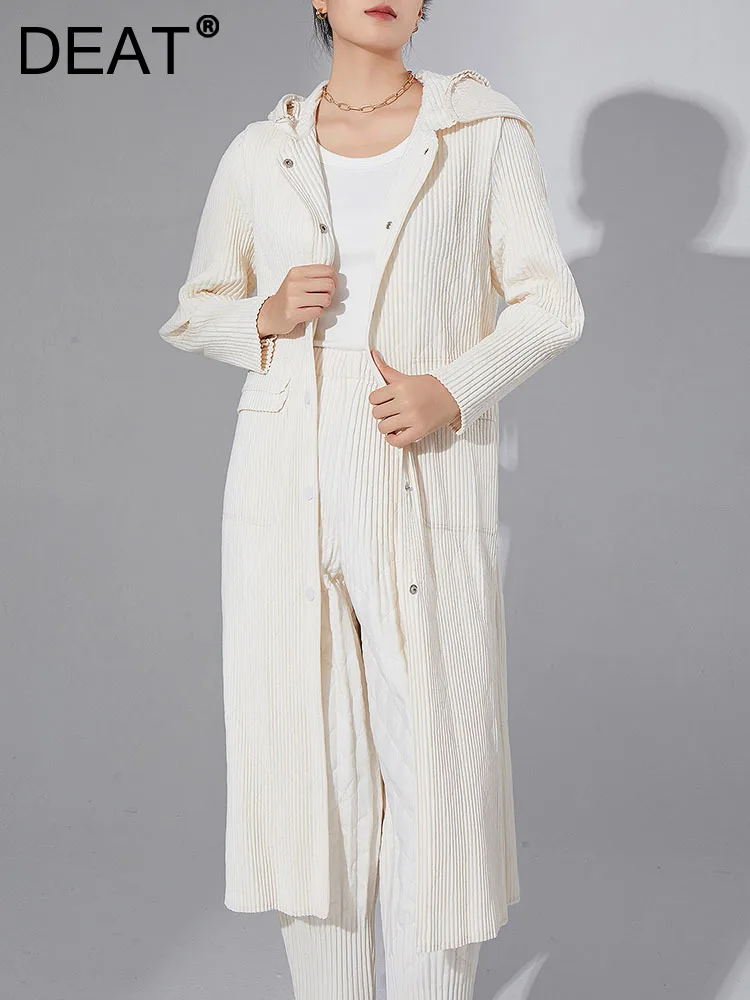 

DEAT Pleated Cutton Coat Women Hooded Full Sleeve Single Button Solid Color Medium Long New 2024 Fashion Auatumn 15KB4308