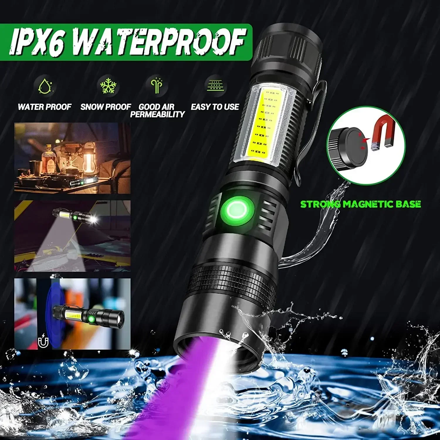 UV Light & Strong Light Flashlight USB Rechargeable Camping Lantern Pets Urine Stains Black Led Ultraviolet Torch Lamp