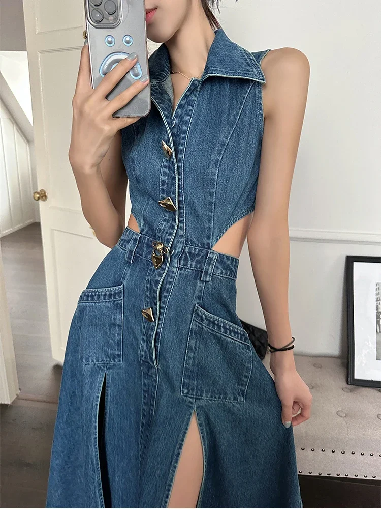 【THE MOZZ】Deli Denim One Piece Chic and Elegant One-Piece Dress with Slit Cut-out Blue Jean