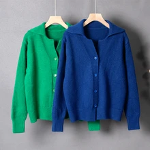 

2022 New Spring Knitted Button Cardigans For Women Vintage Tide Lapel Solid Blue Green All-Match Casual Sweater Female Chic Tops