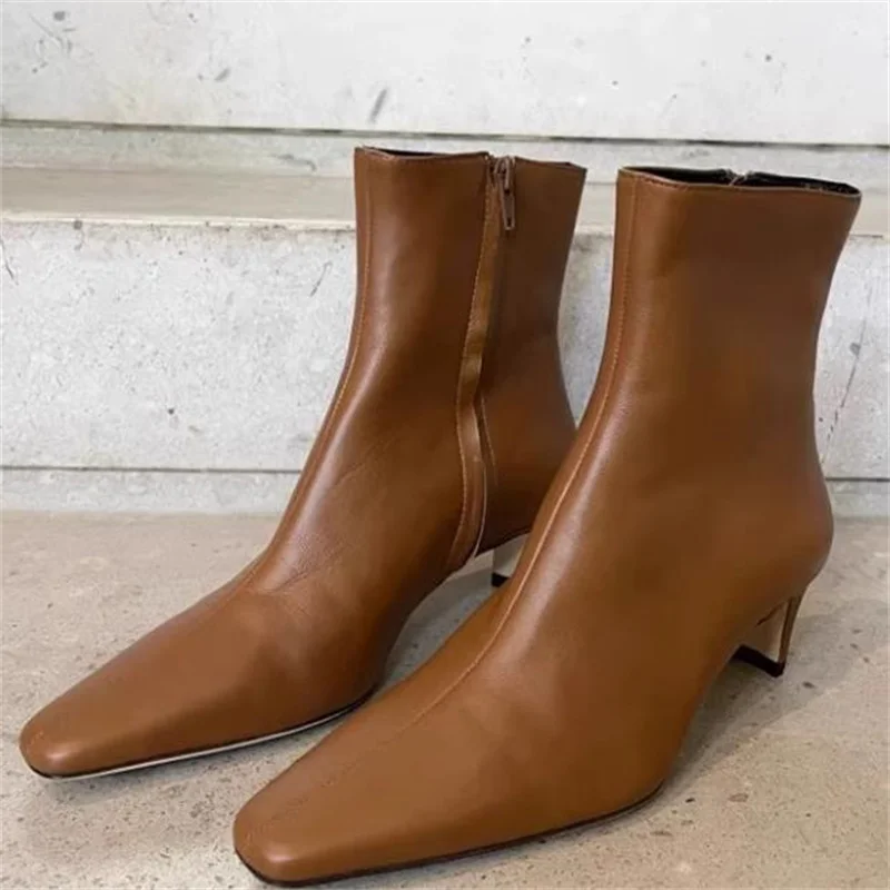 

Sewing Lines Shoes for Women Square Toes Ladies Side Zippers Thin High Heels Pleated Chassure Femme Leather Female Solid Botas