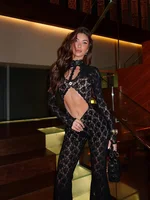 Solid Lace Jumpsuits For Women Fashion Sexy Club Long Sleeves O-Neck Hollow Out See Through Romper Female Streetwear Slim Fit - Image 3