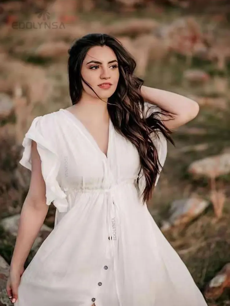 Bikini Cover-ups White Tunic Sexy V-neck Butterfly Sleeve Summer Beach Wear Mini Dress Plus Size Women Swimsuit Cover Up D0