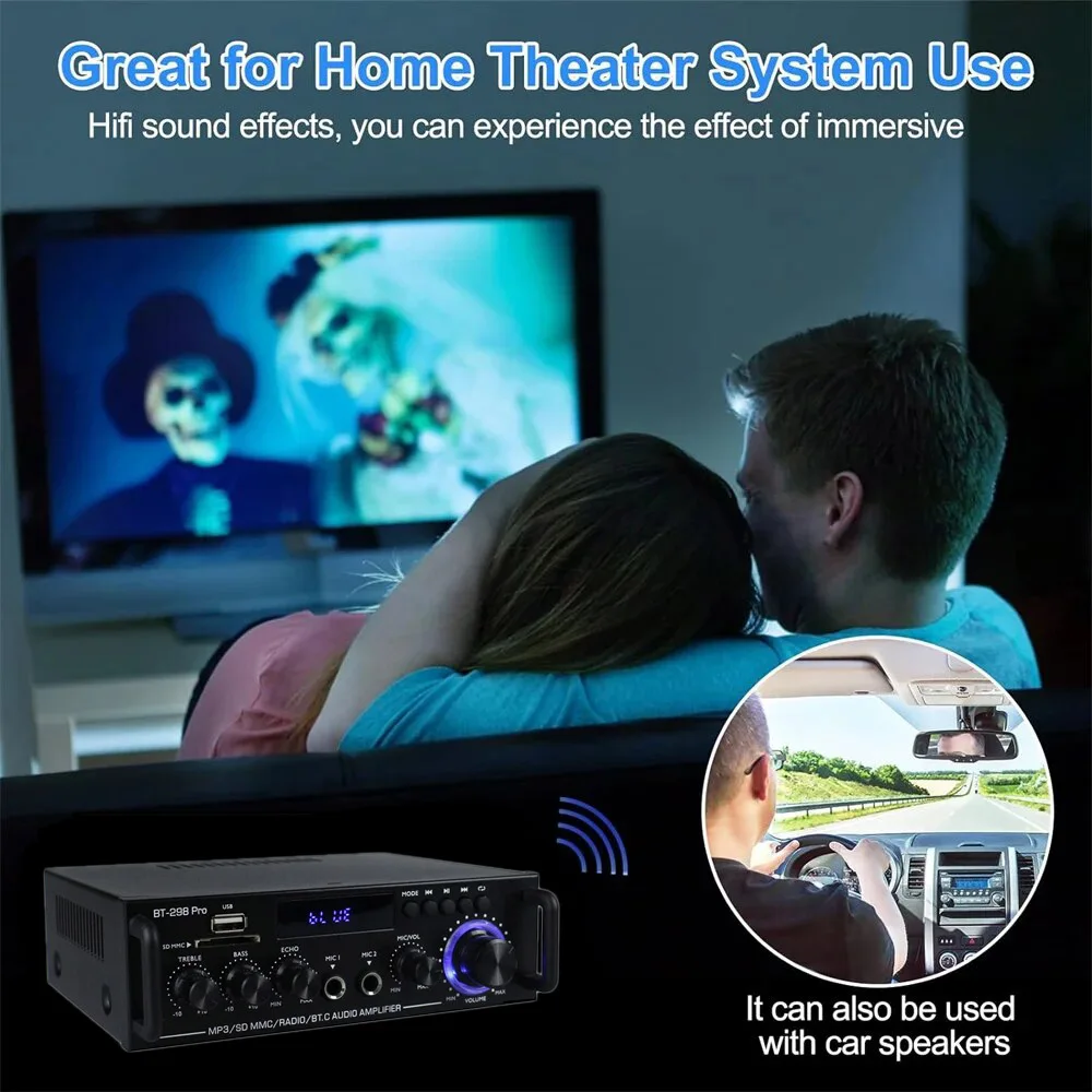 BT298 Pro AK55 HiFi Bluetooth Audio Amplifier Digital Sound Amplifier for Home Theater Channel 2.0 AMP Support 2 MIC FM MAX 800W