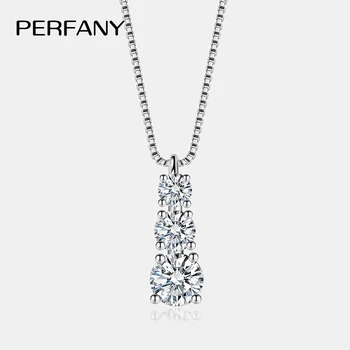 PERFANY 1.8CT Moissanite Necklace for Women S925 Pure Silver 3-Stone Laboratory Cultivated Diamond Pendant Luxury Jewelry Gift
