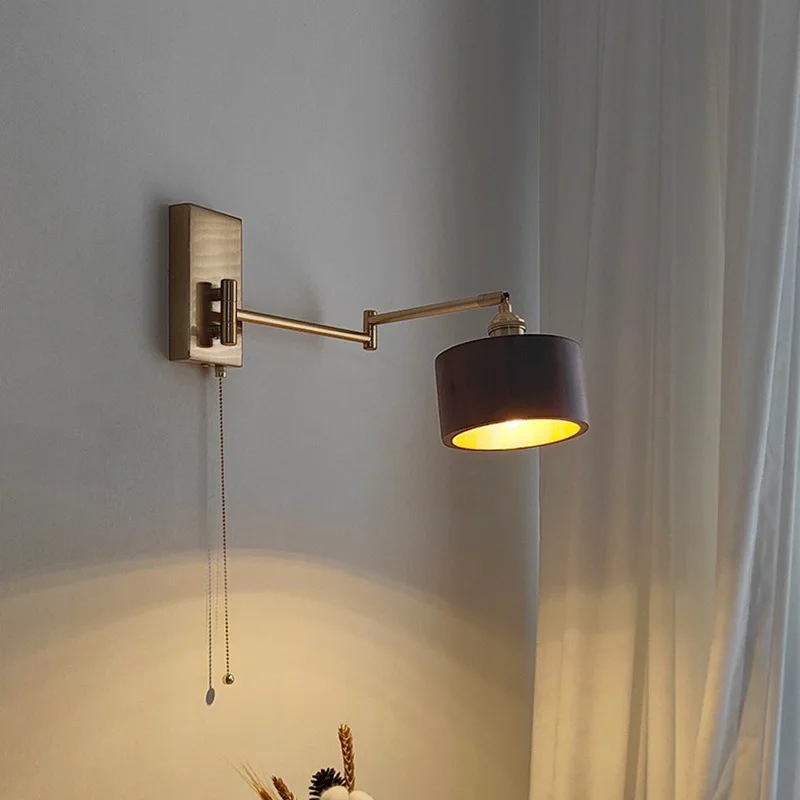 

North American black walnut long pole wall lamp bedroom bed head Nordic B&b rope can rotate wall lamp