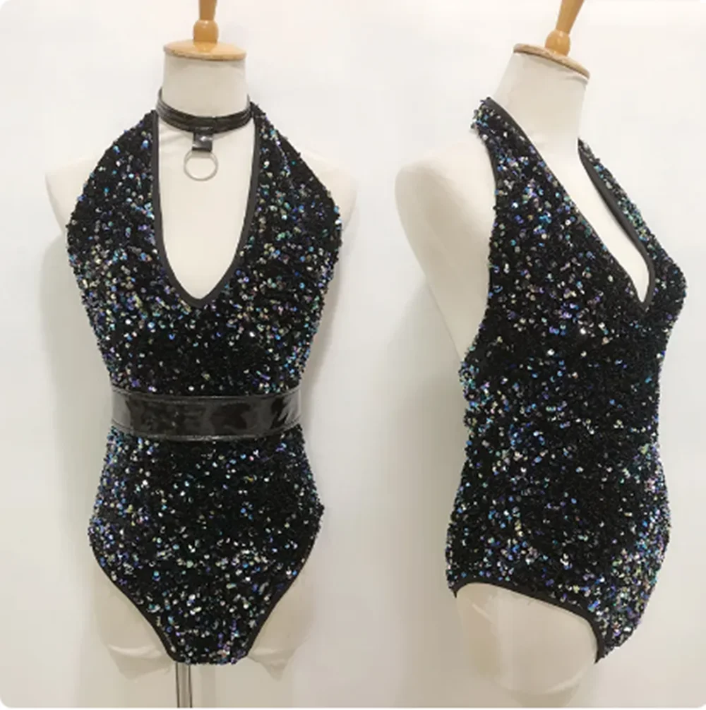 

Sexy Halter Sequins Bodysuit Pole Dance Costume Nightclub Shiny Gogo Dancer Outfit Jazz Dancewear Clubwear Rave Clothing