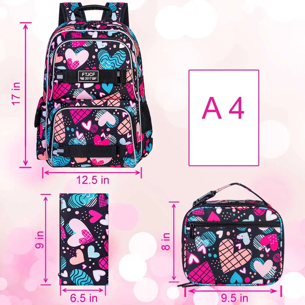 3PCS Backpack for Girls, 17 Inch Cute Kids School Laptop Bookbag with Lunch Box for Elementary Water Resistant Middle Backpacks 3