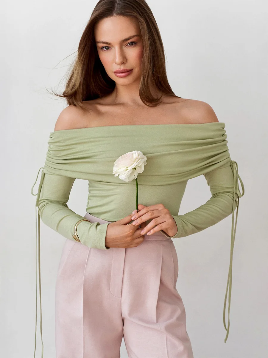 Bornladies Women's Trendy New Autumn Winter Off The Shoulder Long Sleeve T Shirt Drawstring Sexy Slim Fit Base Top