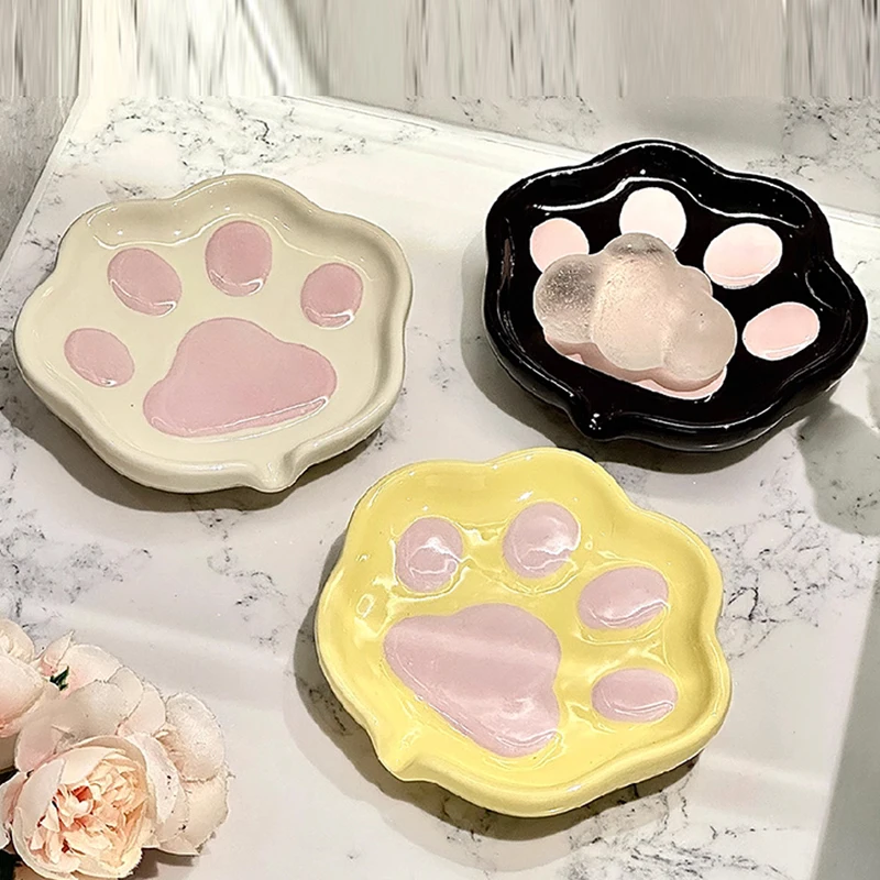 Ceramic Cute Cartoon cat paw Shaped Soap Dish Storage Rack, Home Bathroom Supplies Creative Light Luxury Drain, No Punching, 1Pc