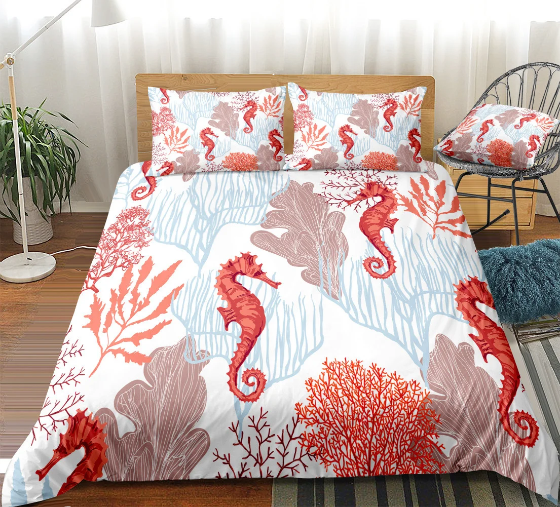 

Комплект постельного белья «Морская лошадь», пододеяльник с изображением морских животных, Королевский размер, мягкое одеяло оранжевого и кораллового цвета, морская жизнь, домашний текстиль