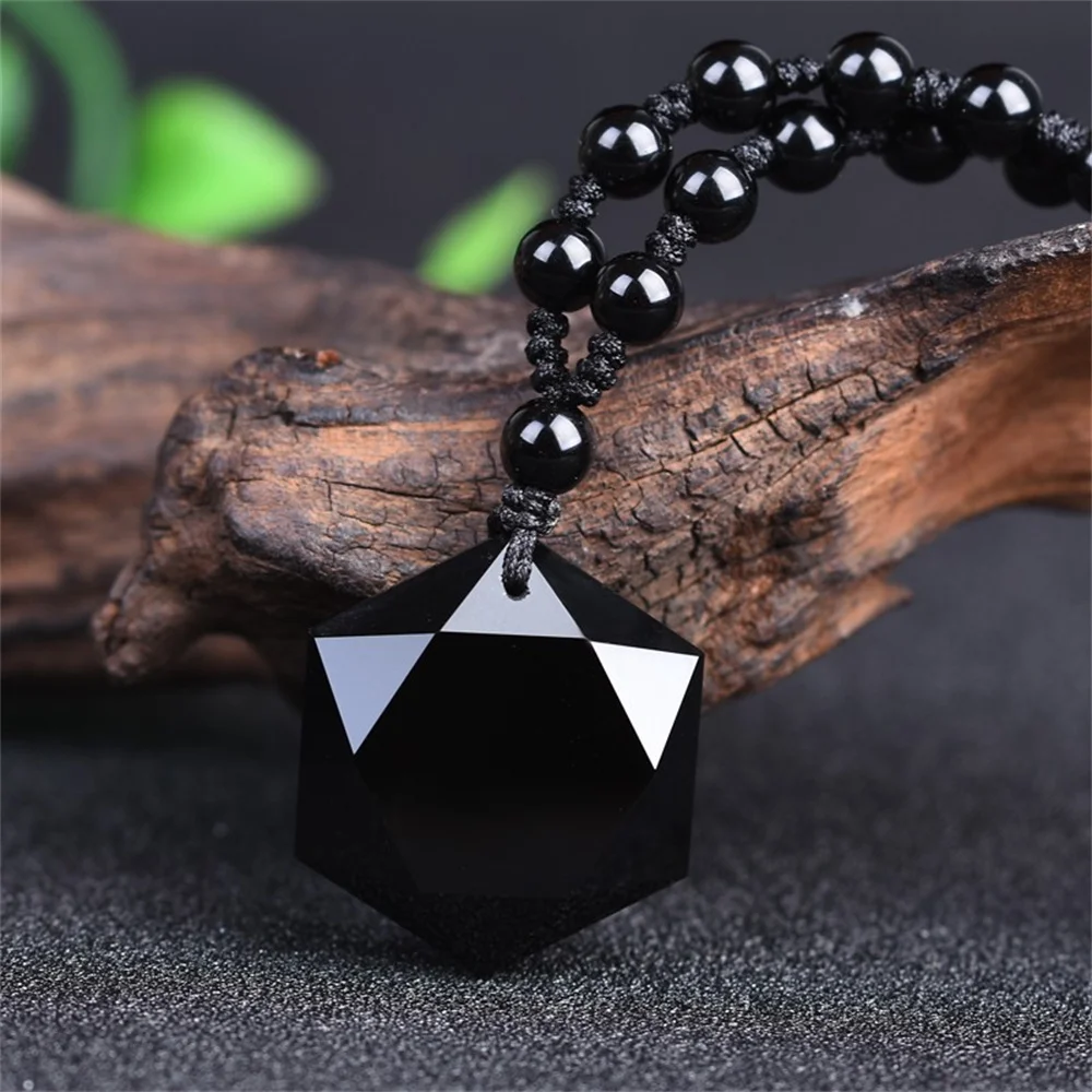 100% Natural Black Obsidian Carved Lucky Six Angle Star Faced Pendant + Free Necklace Fashion Crystal for woman man's Jewelry