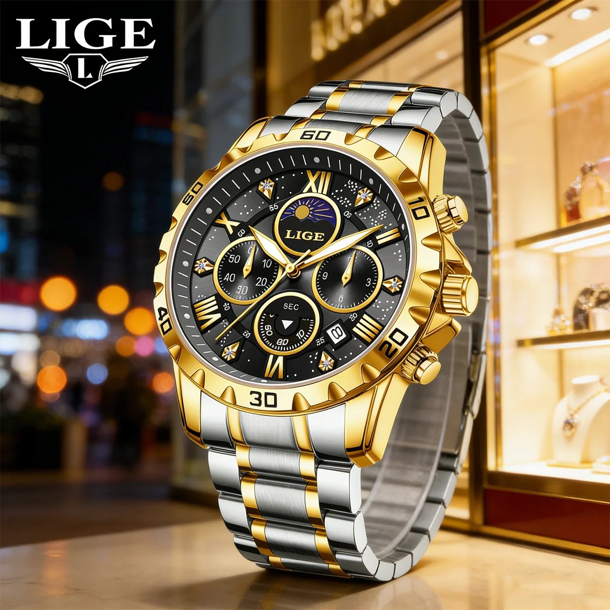LIGE Luxury Stainless Steel Luminous Men's Chronograph Watch