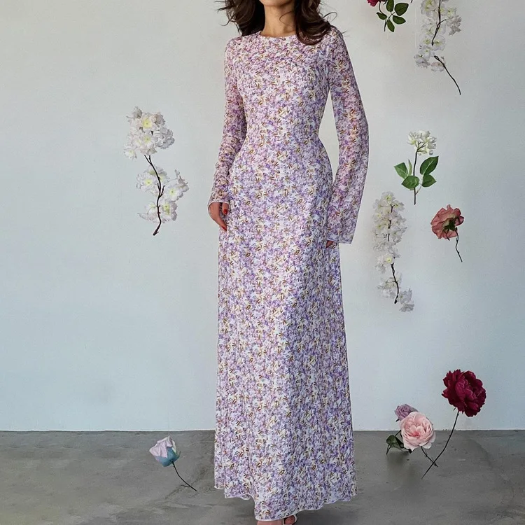 Elegant Printed Fashion Maxi Dress For Women Lace-Up Long Sleeve Party Dress High Waist Bandage Women's Bodycon Dress New