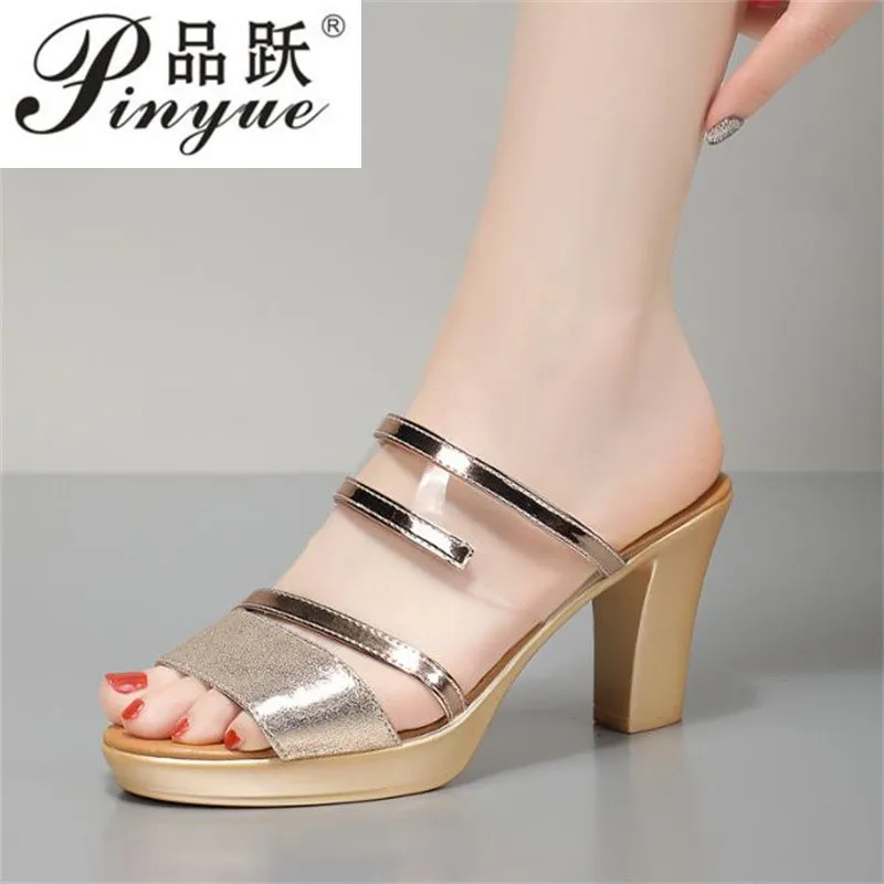 

8cm 10cm Block Heel Cutout Platform Slippers Women Wedding Shoes Summer High Heels Slides Ladies Gold Slippers 33-43
