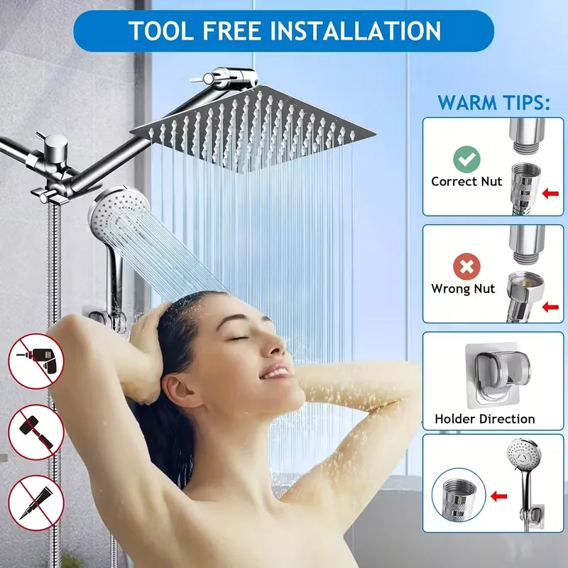 Shower Head, 8/10 Inch High Pressure Rainfall Shower Head/Handheld Shower Combo With 11 Inch Extension Arm