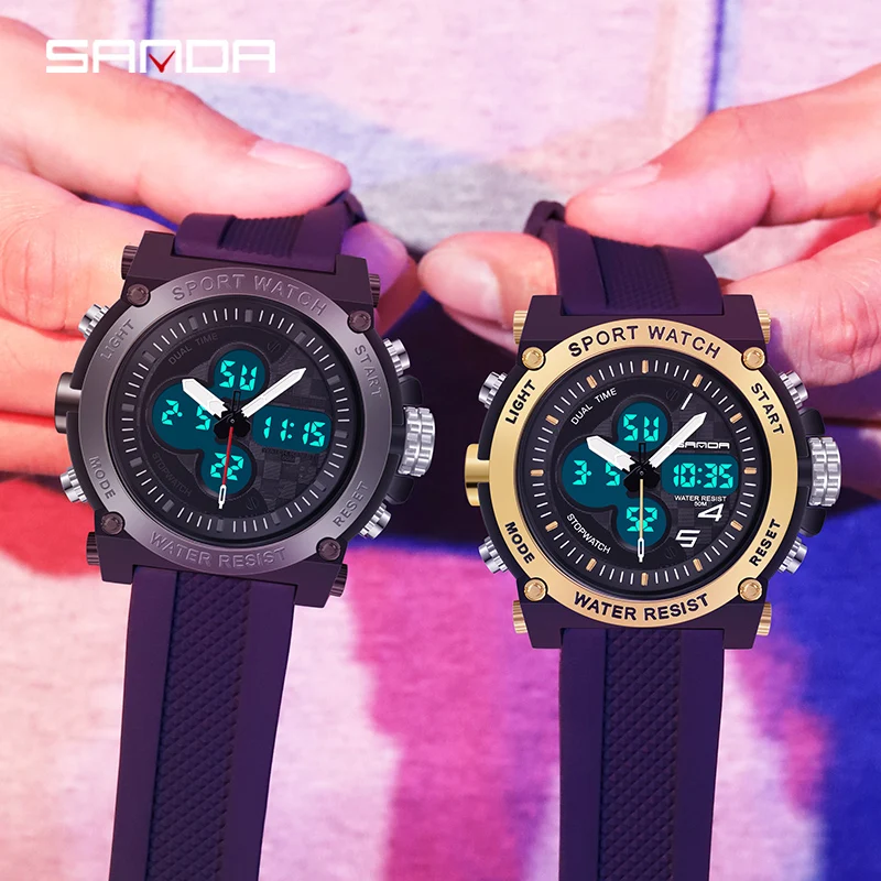 SANDA Fashion Trend Dual Display Men Watch Luxury Brand Multifunctional Dial Design Military Mens Watches Luminous Waterproof