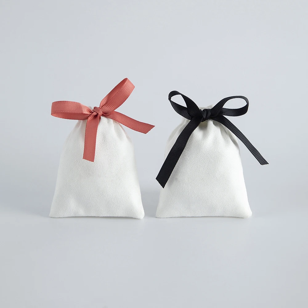 Luxury White Flannel Ribbon Necklace Wrapping Bag Gift Drawstring Storage Pouch Jewelry Earrings Necklace Packaging Velevt Pouch