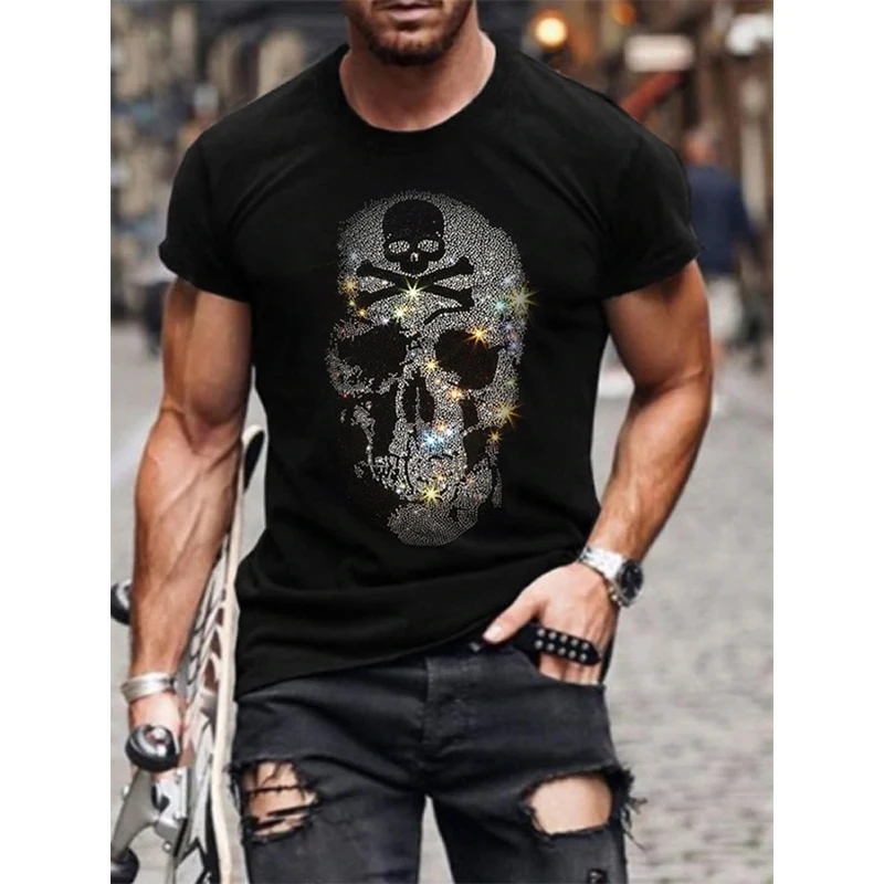 Men's Quality Fashion T-Shirts Casual Streetwear Short Sleeve Skull Hot Drill Men Clothing Tee Tops O-Neck Rhinestone Tshirt Y2K