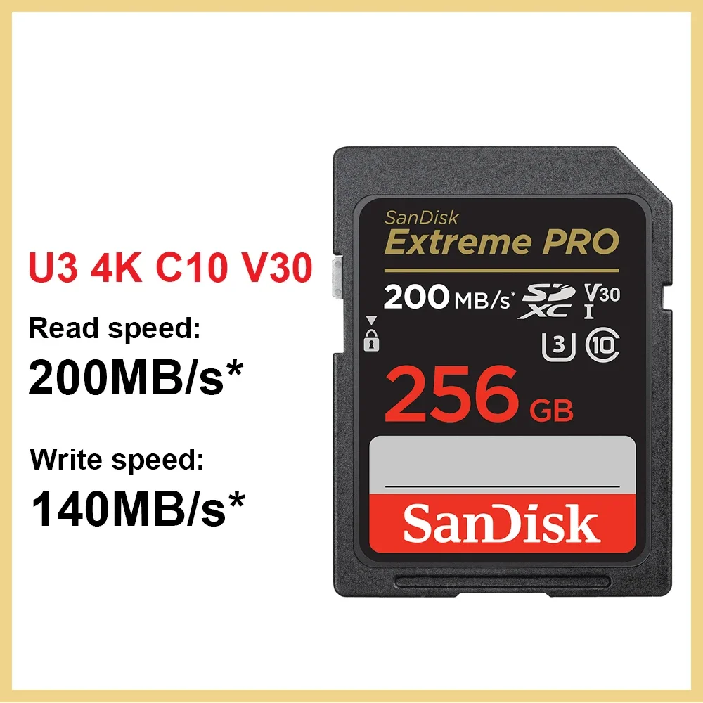 SanDisk-cartão SD PRO Extreme para câmera, cartão de memória, UHS-I, SDHC, SDXC, vídeo 4K, até 200MB, U3, C10, V30, 512 GB, 256 GB, 128 GB, 64 GB, 32 GB