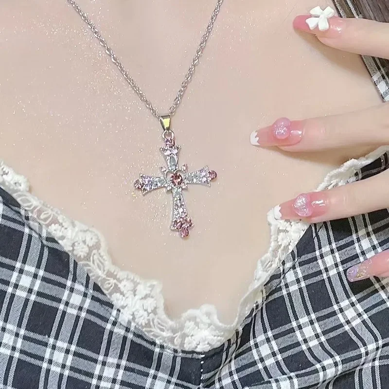 Shiny Crystal Cross Pendant Necklace - Chic Punk Fashion Jewelry